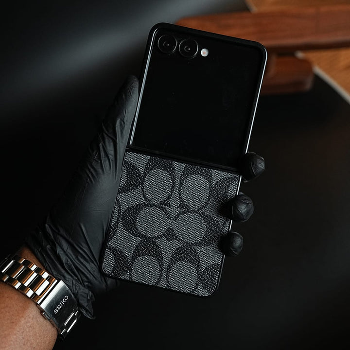 FRATO Samsung Galaxy Z Flip 8 Black Luxury Leather CC Pattern Case For Samsung Galaxy Z Flip 8 | Slim Designer Back Cover