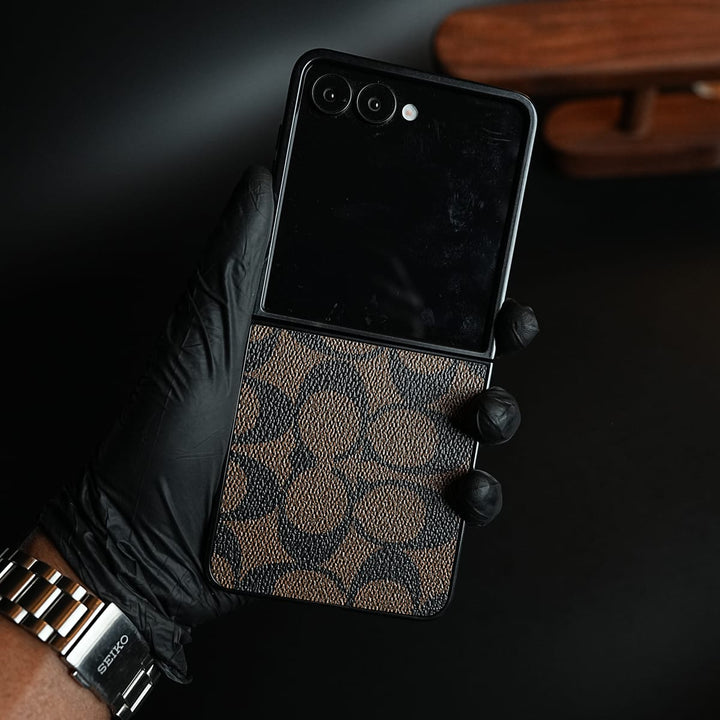 FRATO Samsung Galaxy Z Flip 8 Brown Luxury Leather CC Pattern Case For Samsung Galaxy Z Flip 8 | Slim Designer Back Cover
