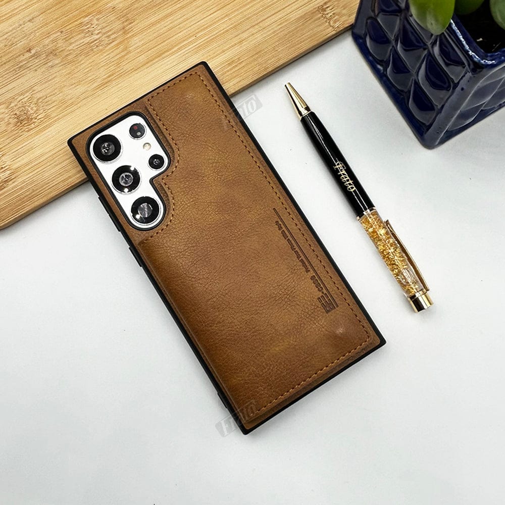 FRATO Samsung S22U Brown Samsung Galaxy S22 Ultra Leather Card Holder Wallet Back Cover