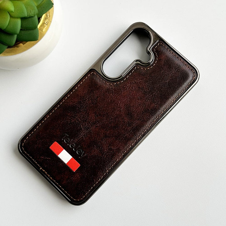 FRATO Samsung S23FE Dark Brown Samsung Galaxy S23FE Textured PU Leather Side Chrome Case Cover