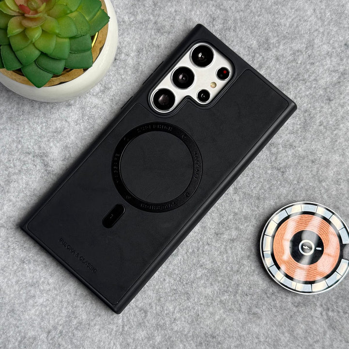 FRATO Samsung S23U Black Samsung Galaxy S23 Ultra Premium PU Leather Metal MagSafe Ring Cover