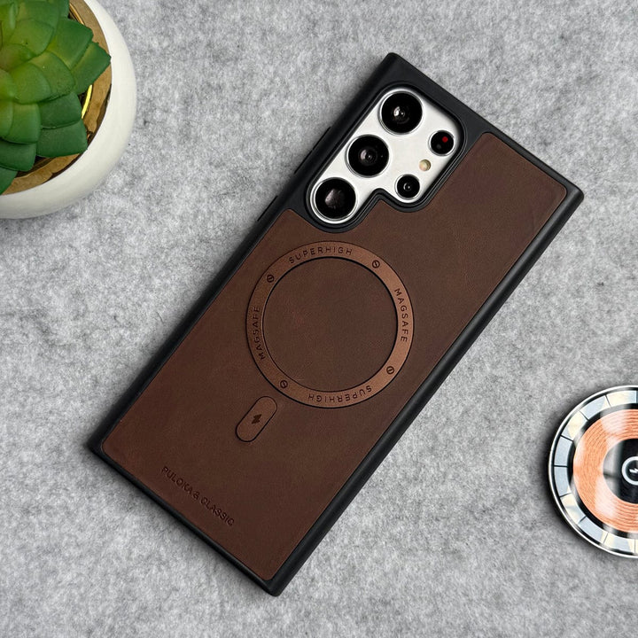 FRATO Samsung S23U Brown Samsung Galaxy S23 Ultra Premium PU Leather Metal MagSafe Ring Cover