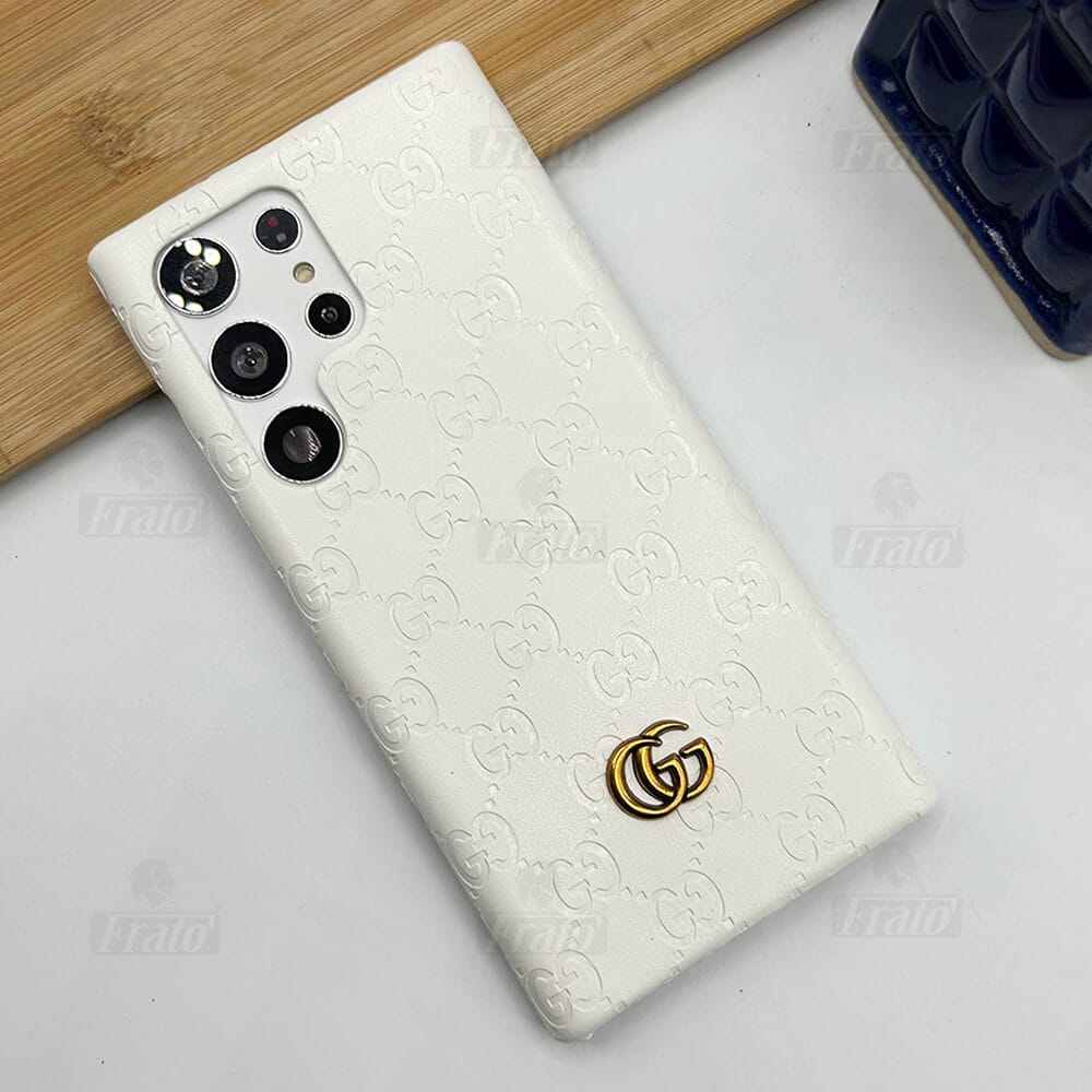 FRATO Samsung S23U White Samsung Galaxy S23 Ultra Luxury GG Fashion Leather Brand Case Cover
