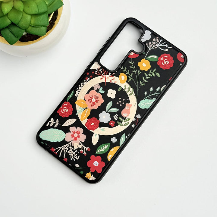 FRATO Samsung S24 Black Samsung Galaxy S24 Luxury Acrylic Blossom Flower Printed Case Cover
