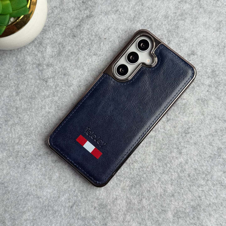 FRATO Samsung S24 Blue Samsung Galaxy S24 Textured PU Leather Side Chrome Case Cover