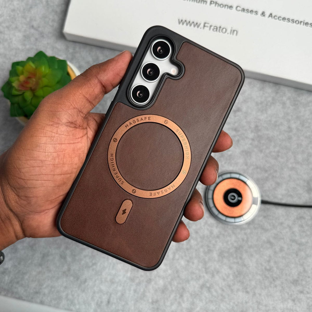 FRATO Samsung S24 Brown Samsung Galaxy S24 Premium PU Leather Metal MagSafe Ring Cover