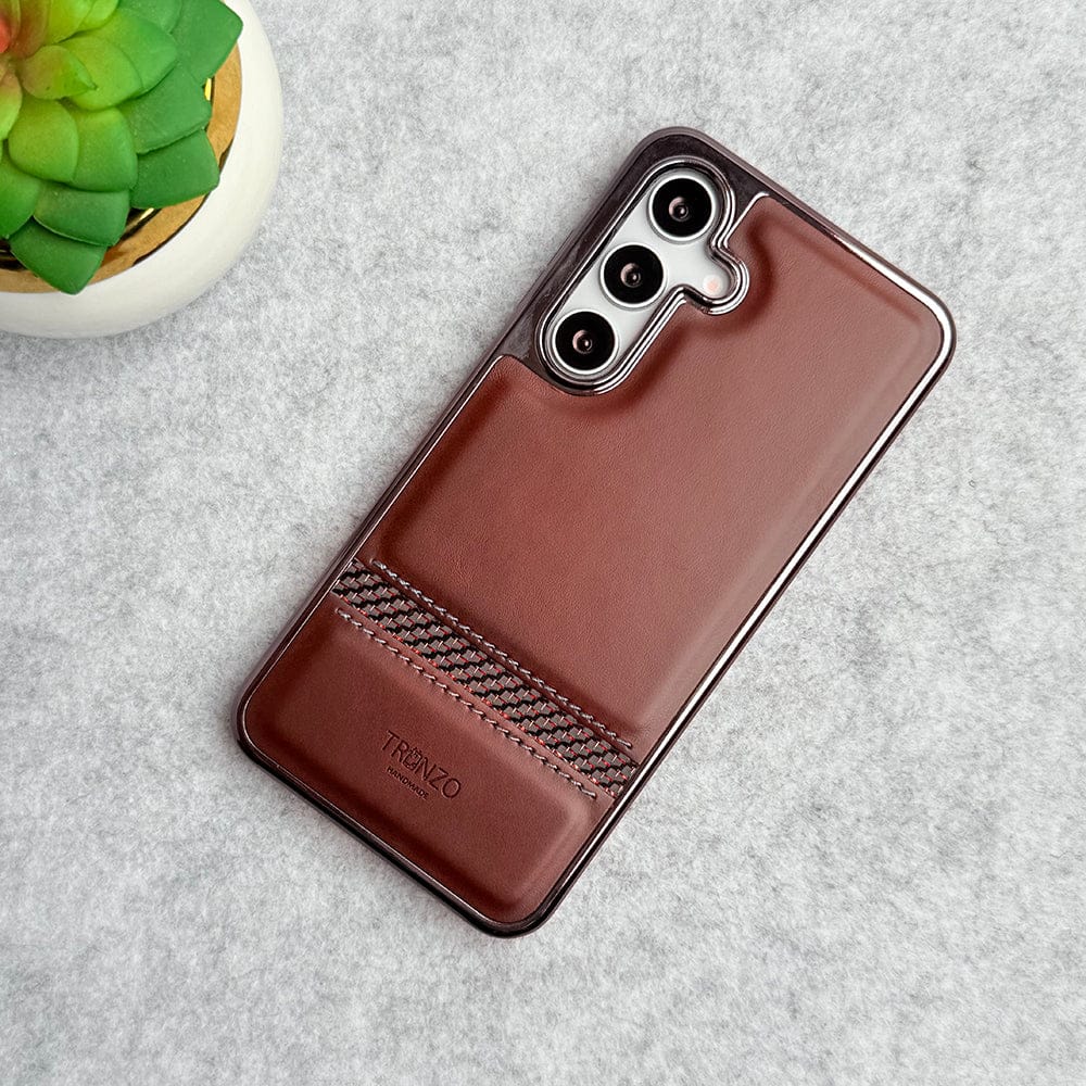 FRATO Samsung S24 Brown Samsung Galaxy S24 Textured Stripe PU Leather Side Chrome Case Cover