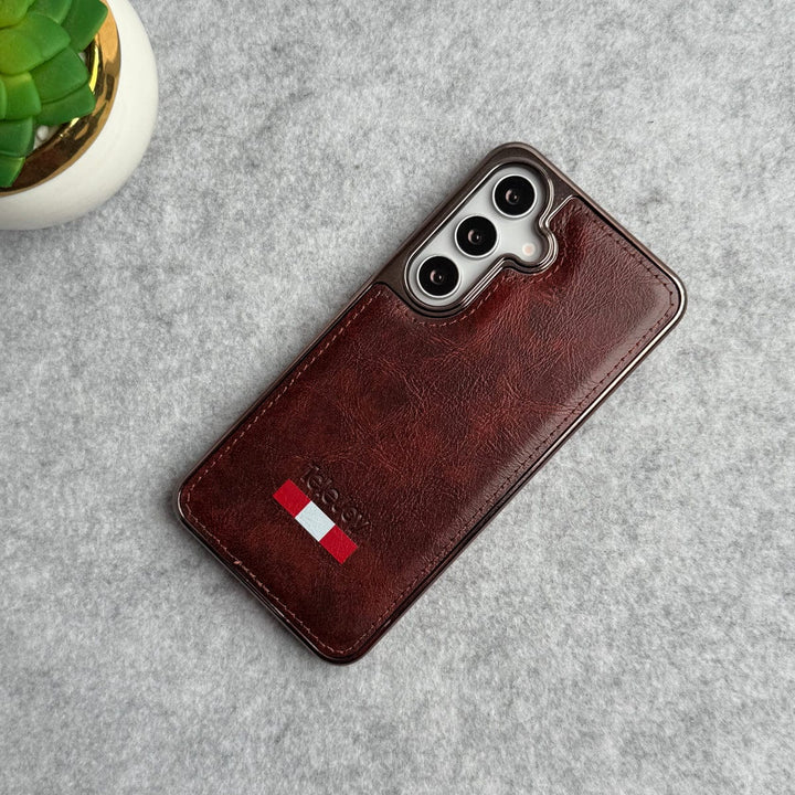 FRATO Samsung S24 Dark Brown Samsung Galaxy S24 Textured PU Leather Side Chrome Case Cover