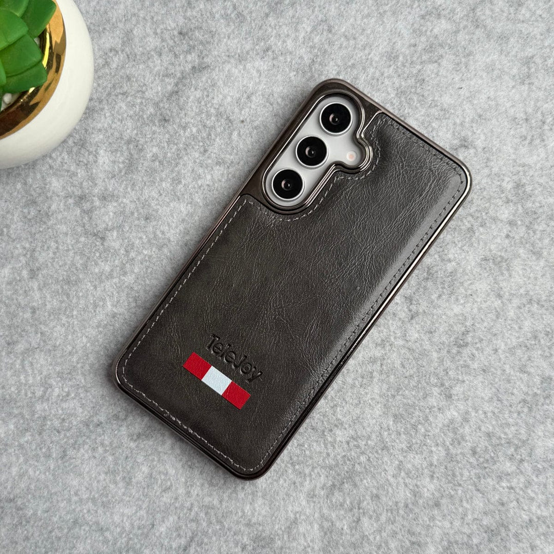 FRATO Samsung S24 Grey Samsung Galaxy S24 Textured PU Leather Side Chrome Case Cover