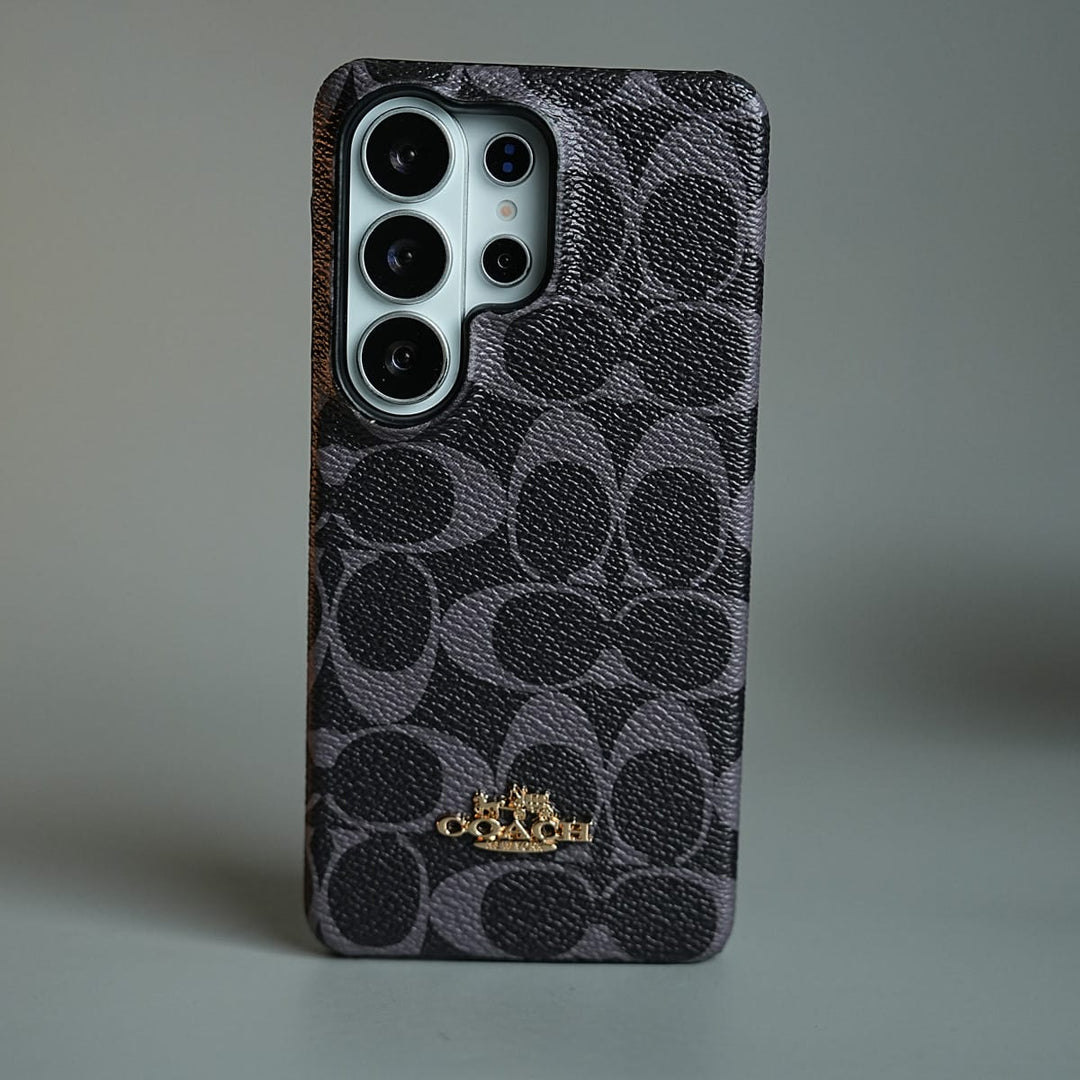 FRATO Samsung S24 Ultra Black Leather Texture Pattern Case for Galaxy S24 Ultra | Gold-Tone Logo Slim Cover