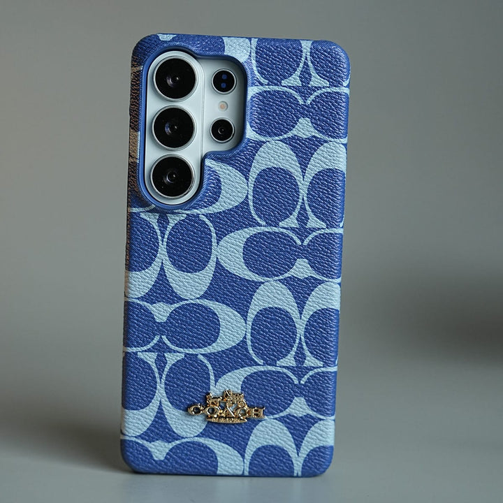 FRATO Samsung S24 Ultra Blue Leather Texture Pattern Case for Galaxy S24 Ultra | Gold-Tone Logo Slim Cover