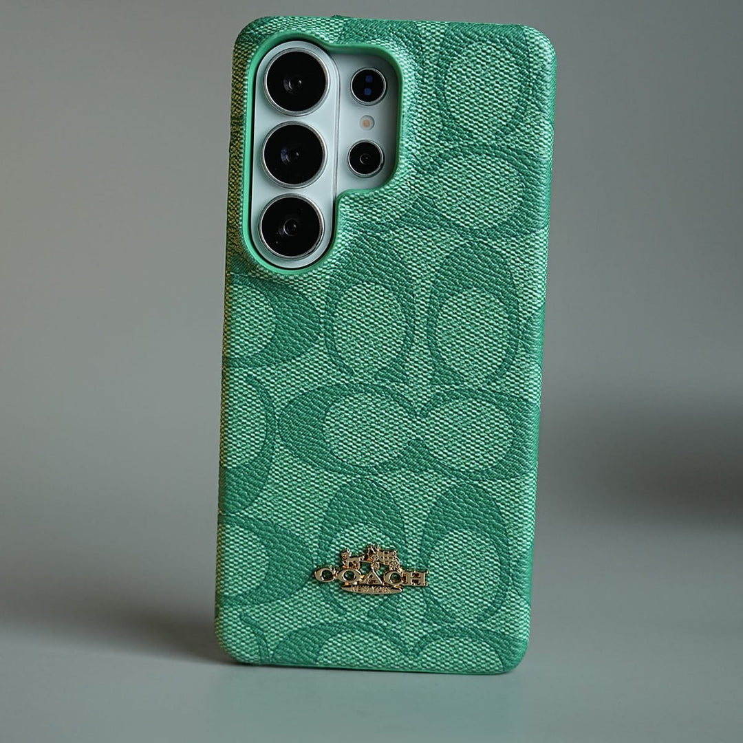 FRATO Samsung S24 Ultra Green Leather Texture Pattern Case for Galaxy S24 Ultra | Gold-Tone Logo Slim Cover