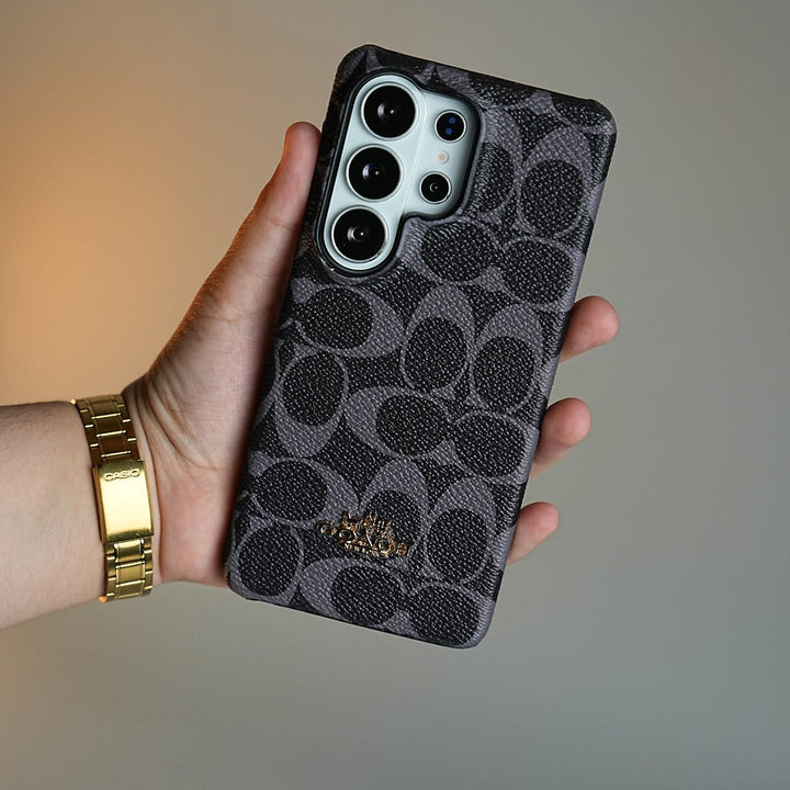 FRATO Samsung S24 Ultra Leather Texture Pattern Case for Galaxy S24 Ultra | Gold-Tone Logo Slim Cover