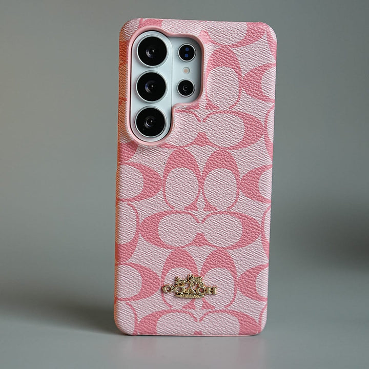 FRATO Samsung S24 Ultra Pink Leather Texture Pattern Case for Galaxy S24 Ultra | Gold-Tone Logo Slim Cover