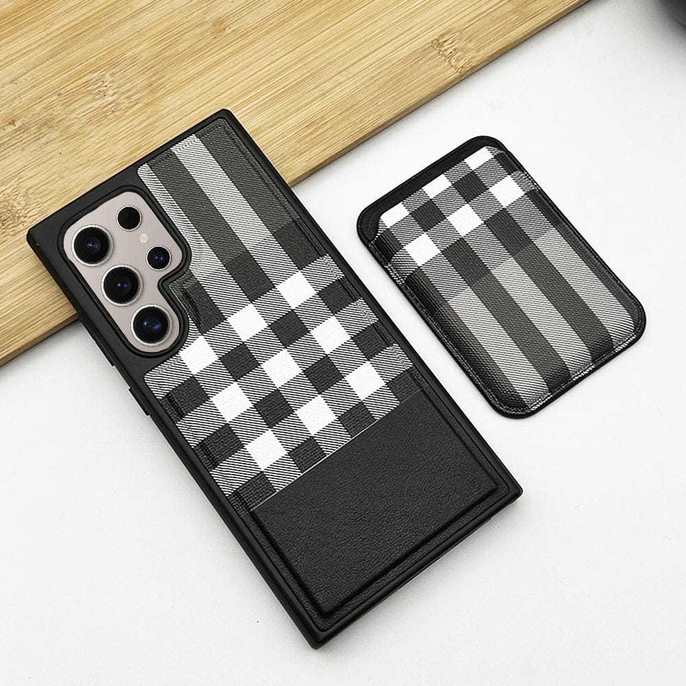 FRATO Samsung S24U Black Samsung Galaxy S24 Ultra Checks Leather Case With Detachable Magnetic Magsafe Card Holder Cover