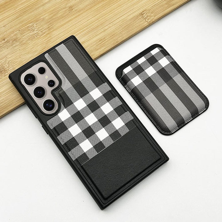 FRATO Samsung S24U Black Samsung Galaxy S24 Ultra Checks Leather Case With Detachable Magnetic Magsafe Card Holder Cover