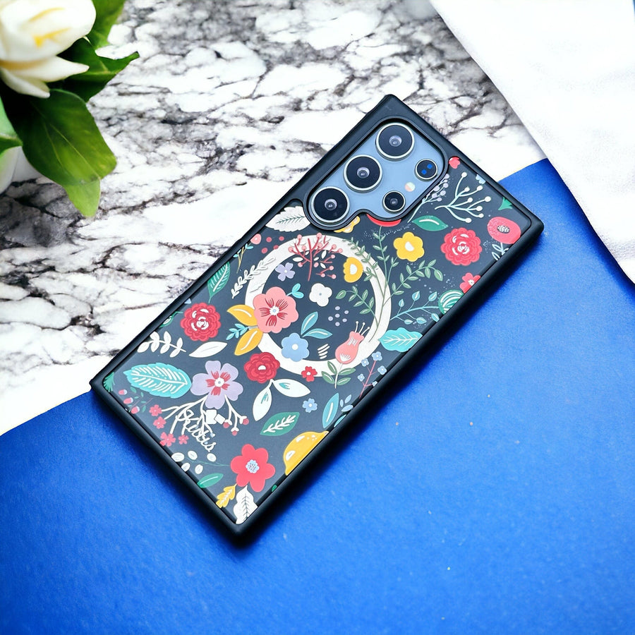 FRATO Samsung S24U Black Samsung Galaxy S24 Ultra Luxury Acrylic Blossom Flower Printed Case Cover