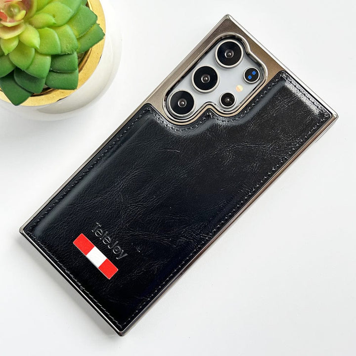 FRATO Samsung S24U Black Samsung Galaxy S24 Ultra Textured PU Leather Side Chrome Case Cover