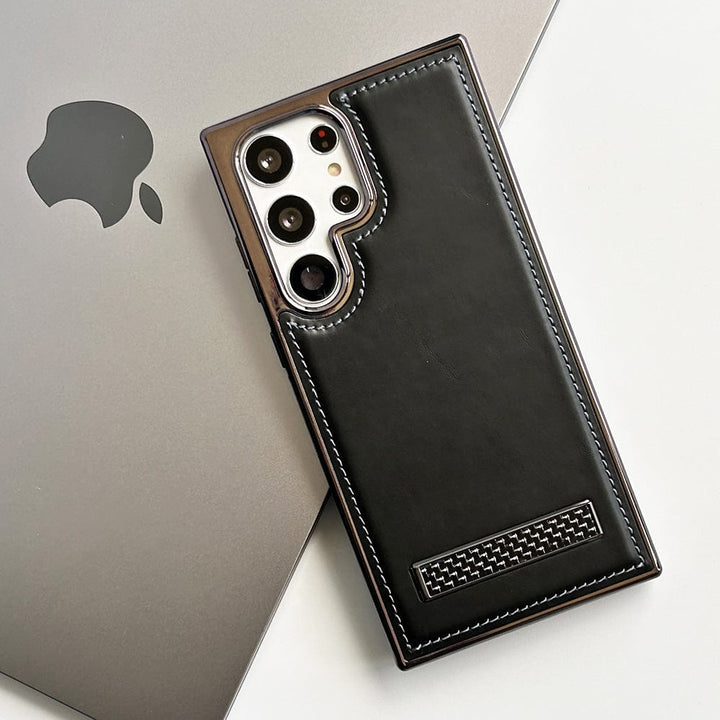 FRATO Samsung S24U Black Samsung Galaxy S24 Ultra Textured Stripe Stand PU Leather Side Chrome Case Cover