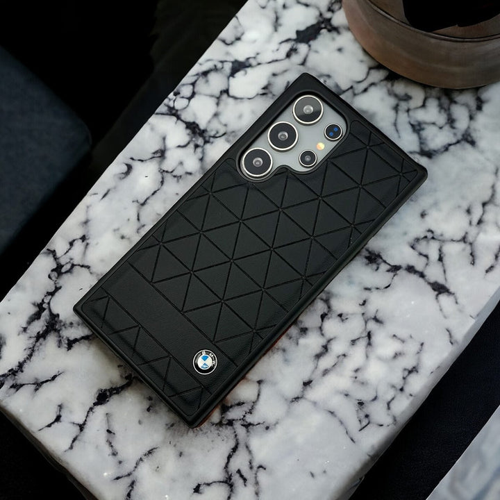 FRATO Samsung S24U Black Samsung Galaxy S24 Ultra Traingular Pattern PU Leather Sports Car Logo Case Cover