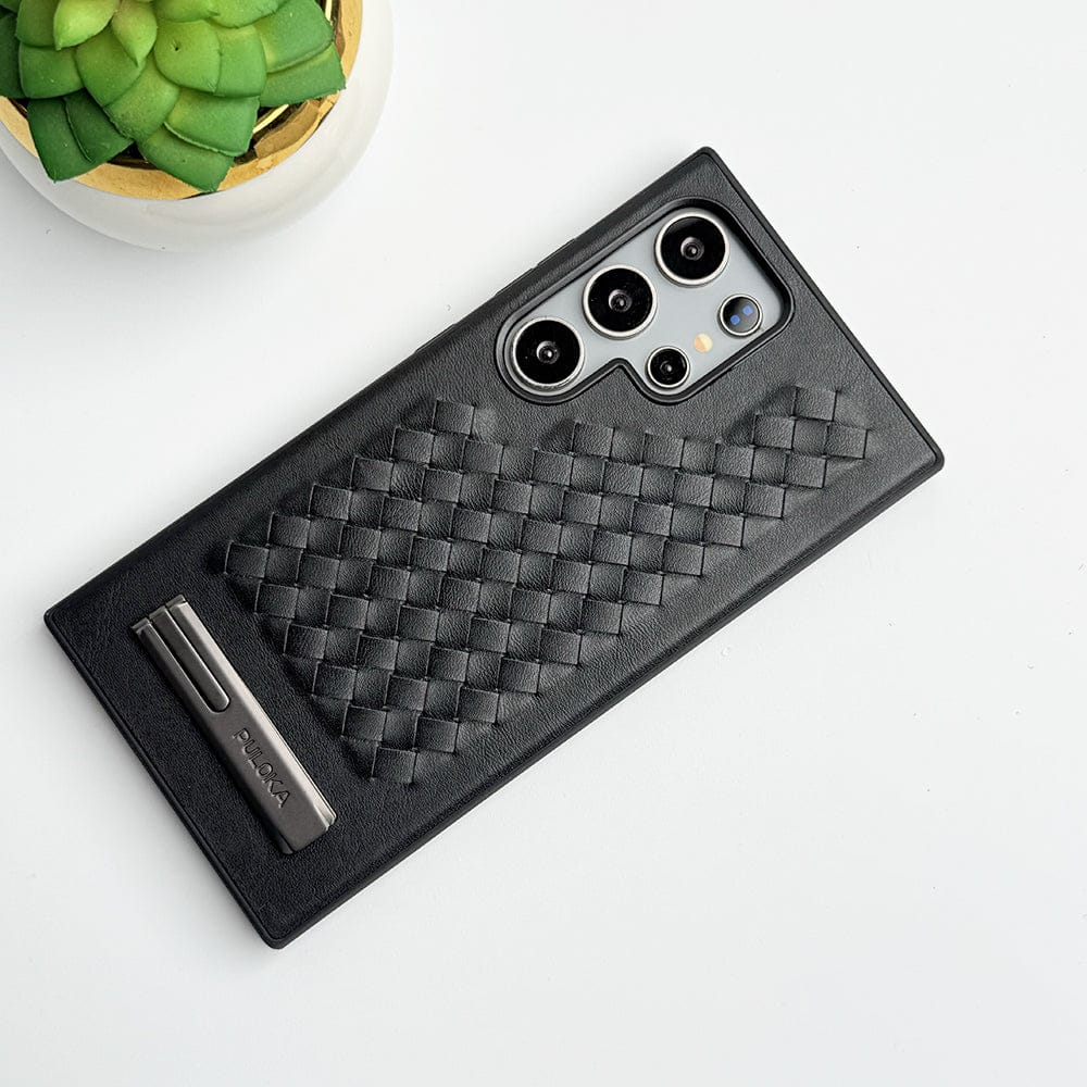 FRATO Samsung S24U Black Samsung Galaxy S24 Ultra Weave Leather with Metal Kickstand Slim Back Cover