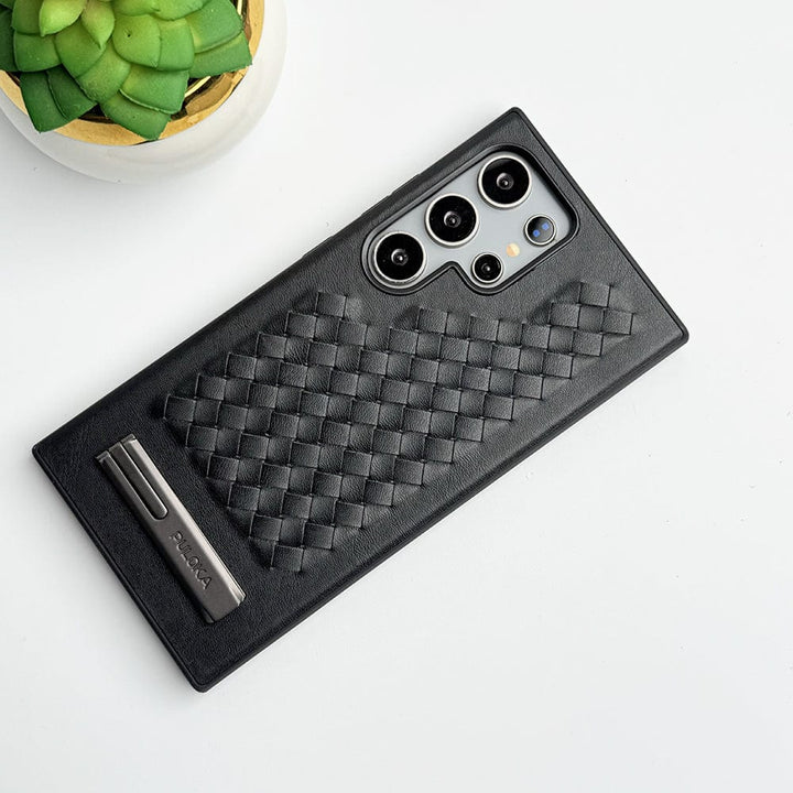 FRATO Samsung S24U Black Samsung Galaxy S24 Ultra Weave Leather with Metal Kickstand Slim Back Cover