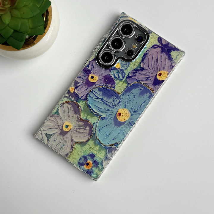 FRATO Samsung S24U Blue Samsung Galaxy S24 Ultra Luxury 3D Oil Painting Floral Design Glitter Lens Protection Cover
