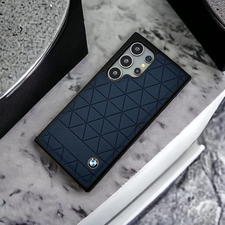 FRATO Samsung S24U Blue Samsung Galaxy S24 Ultra Traingular Pattern PU Leather Sports Car Logo Case Cover