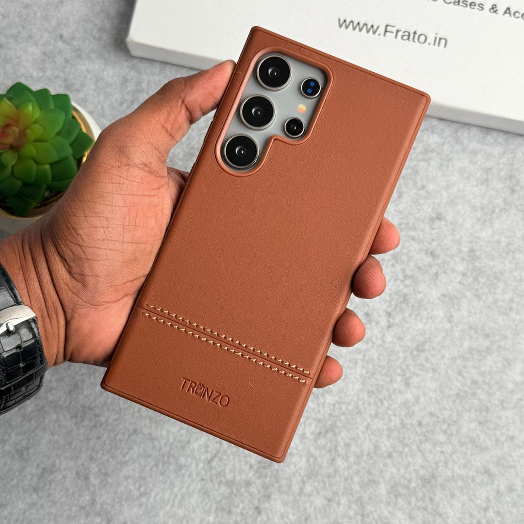 FRATO Samsung S24U Brown Samsung Galaxy S24 Ultra Bottom Stitch PU Leather Case Cover