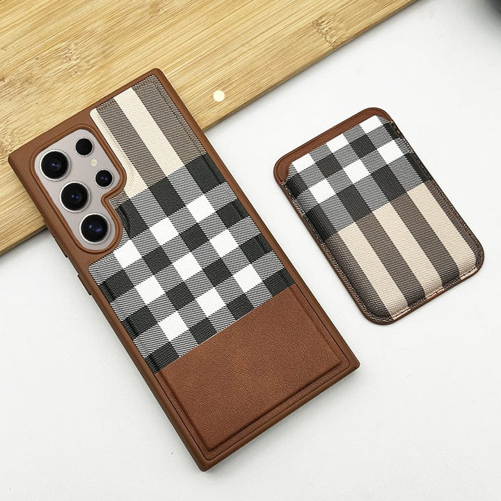 FRATO Samsung S24U Brown Samsung Galaxy S24 Ultra Checks Leather Case With Detachable Magnetic Magsafe Card Holder Cover