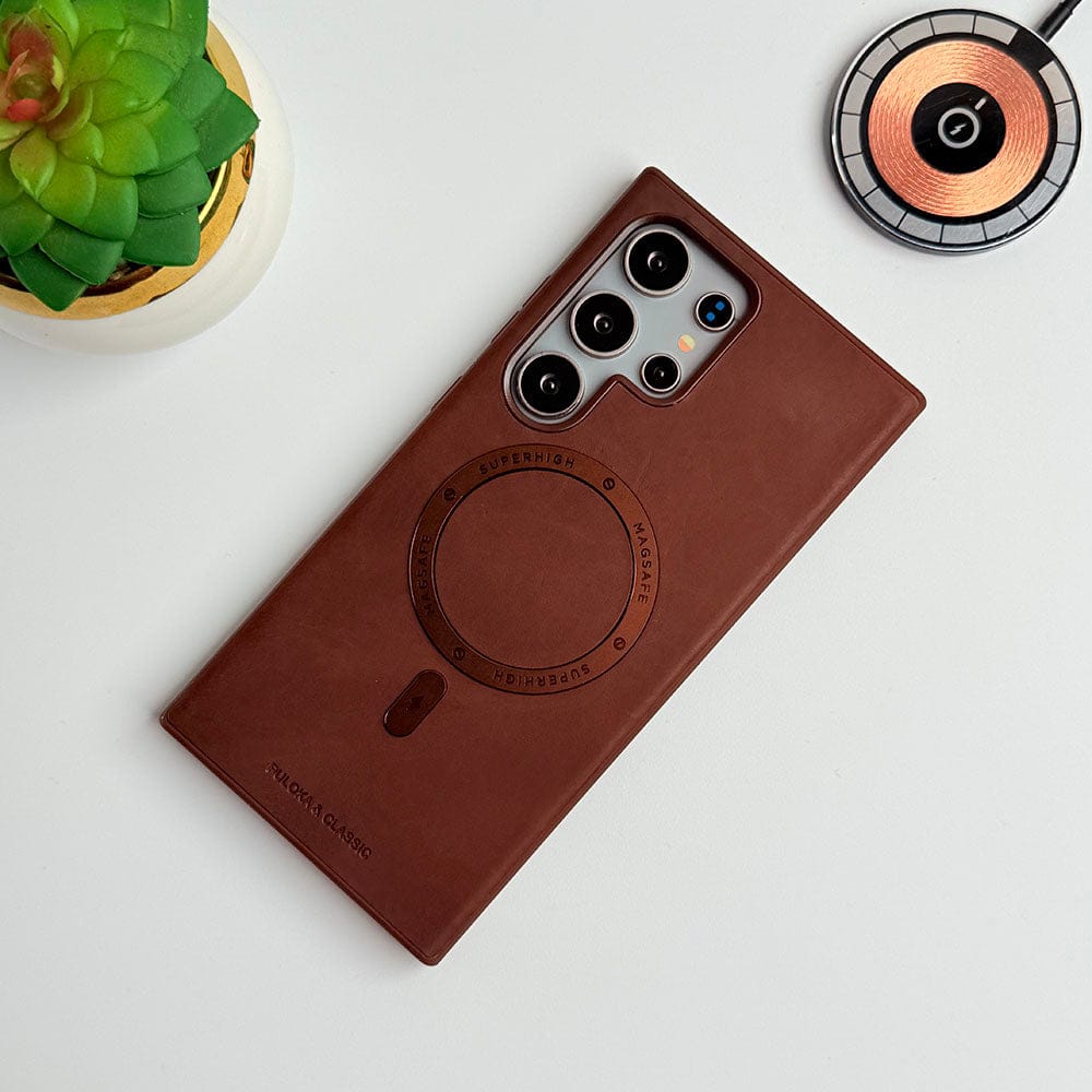 FRATO Samsung S24U Brown Samsung Galaxy S24 Ultra Premium PU Leather Metal MagSafe Ring Case