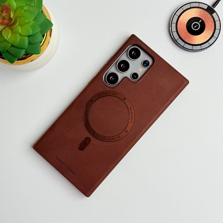 FRATO Samsung S24U Brown Samsung Galaxy S24 Ultra Premium PU Leather Metal MagSafe Ring Case