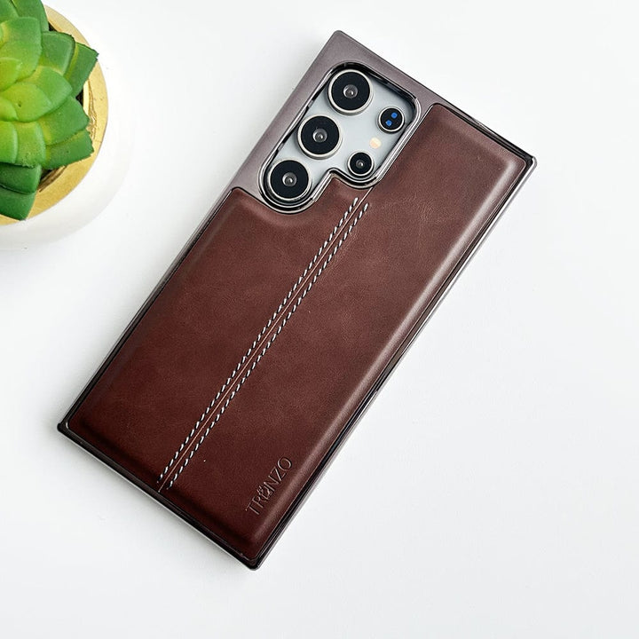 FRATO Samsung S24U Dark Brown Samsung Galaxy S24 Ultra PU Leather Middle Stitch Side Chrome Case Cover