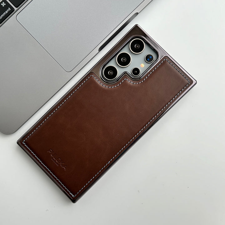 FRATO Samsung S24U Dark Brown Samsung Galaxy S24 Ultra PU Leather Side Chrome Case Cover