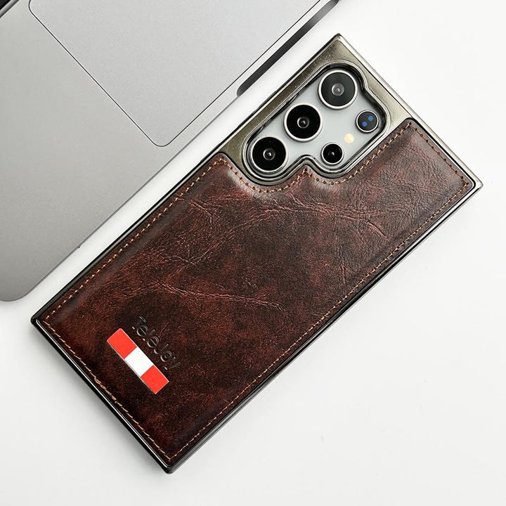 FRATO Samsung S24U Dark Brown Samsung Galaxy S24 Ultra Textured PU Leather Side Chrome Case Cover