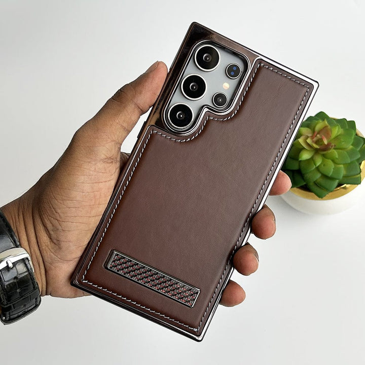 FRATO Samsung S24U Dark Brown Samsung Galaxy S24 Ultra Textured Stripe Stand PU Leather Side Chrome Case Cover
