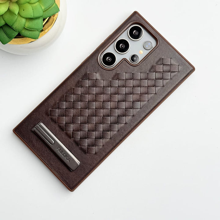 FRATO Samsung S24U Dark Brown Samsung Galaxy S24 Ultra Weave Leather with Metal Kickstand Slim Back Cover