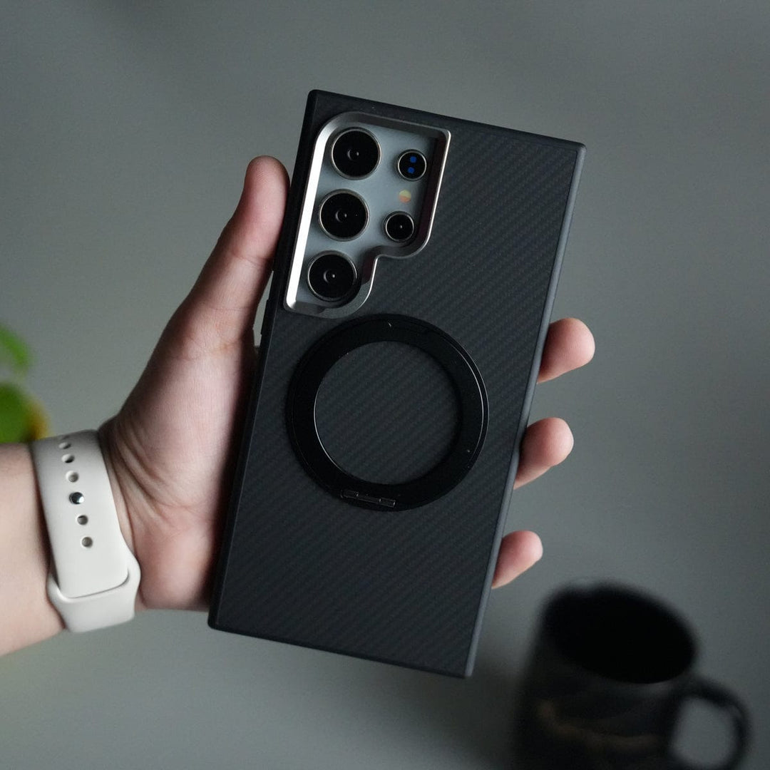 FRATO Samsung S24U Galaxy S24 Ultra CarbonShield Metal Camera Ring and Rotating Stand Case