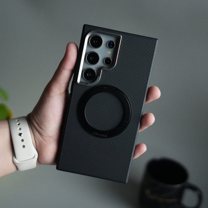 FRATO Samsung S24U Galaxy S24 Ultra CarbonShield Metal Camera Ring and Rotating Stand Case