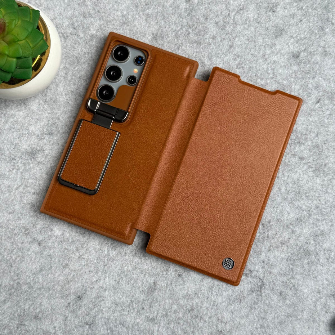 FRATO Samsung S24U Galaxy S24 Ultra / Luxury Brown Samsung Galaxy Ultra Series Flip Case With Metal Camera Stand