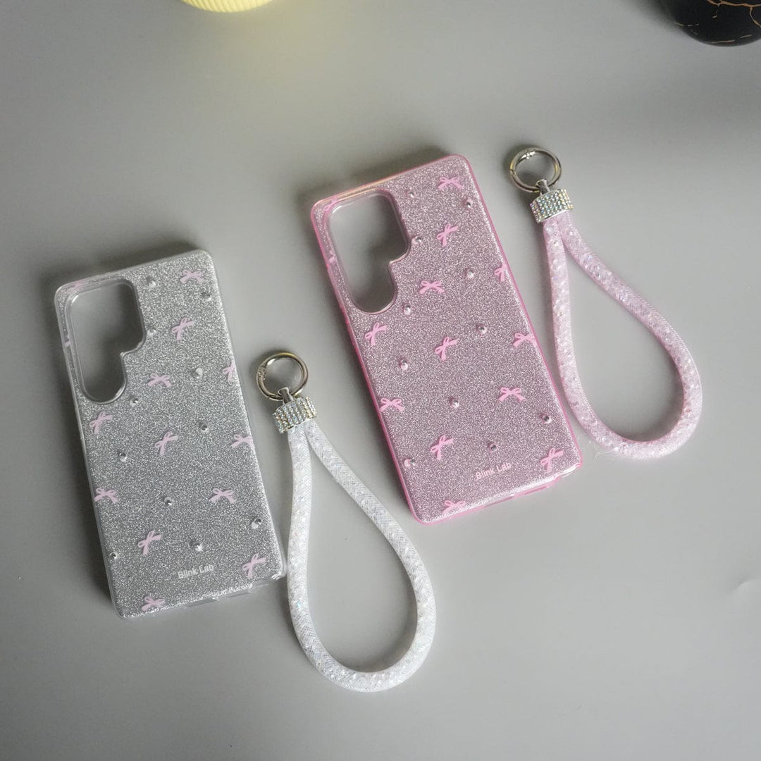 FRATO Samsung S24U Galaxy S24 Ultra Shimmer Bow Design Case | With Mobile Wrist Holder Charm