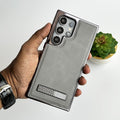 Samsung Galaxy S24 Ultra Textured Stripe Stand PU Leather Side Chrome Case Cover