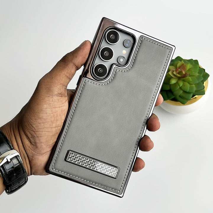 FRATO Samsung S24U Grey Samsung Galaxy S24 Ultra Textured Stripe Stand PU Leather Side Chrome Case Cover