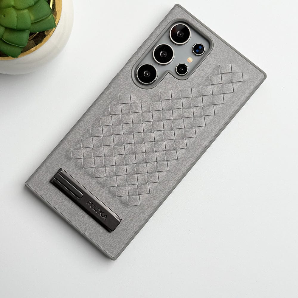 FRATO Samsung S24U Grey Samsung Galaxy S24 Ultra Weave Leather with Metal Kickstand Slim Back Cover