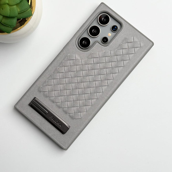 FRATO Samsung S24U Grey Samsung Galaxy S24 Ultra Weave Leather with Metal Kickstand Slim Back Cover