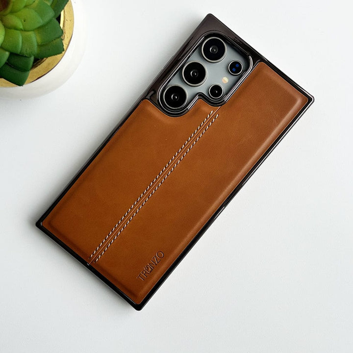 FRATO Samsung S24U Light Brown Samsung Galaxy S24 Ultra PU Leather Middle Stitch Side Chrome Case Cover