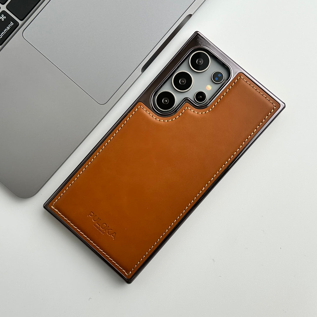 FRATO Samsung S24U Light Brown Samsung Galaxy S24 Ultra PU Leather Side Chrome Case Cover