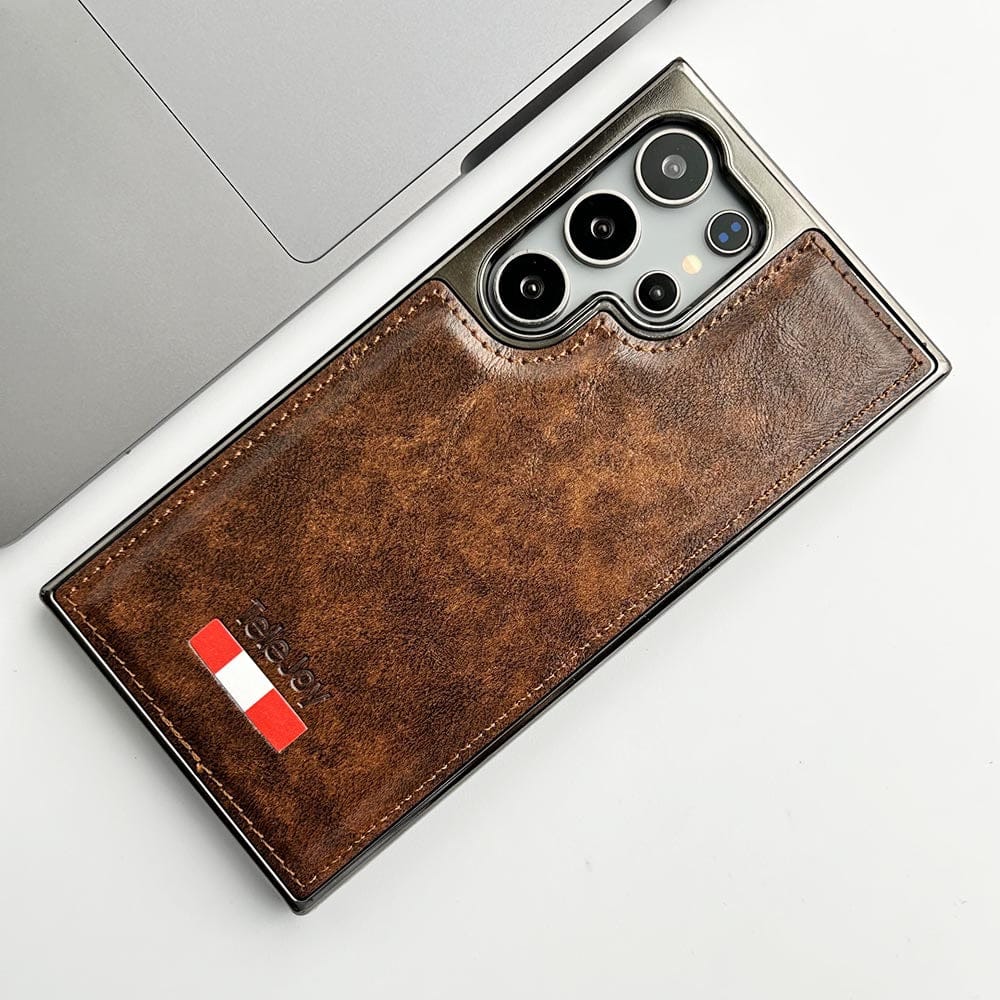FRATO Samsung S24U Light Brown Samsung Galaxy S24 Ultra Textured PU Leather Side Chrome Case Cover