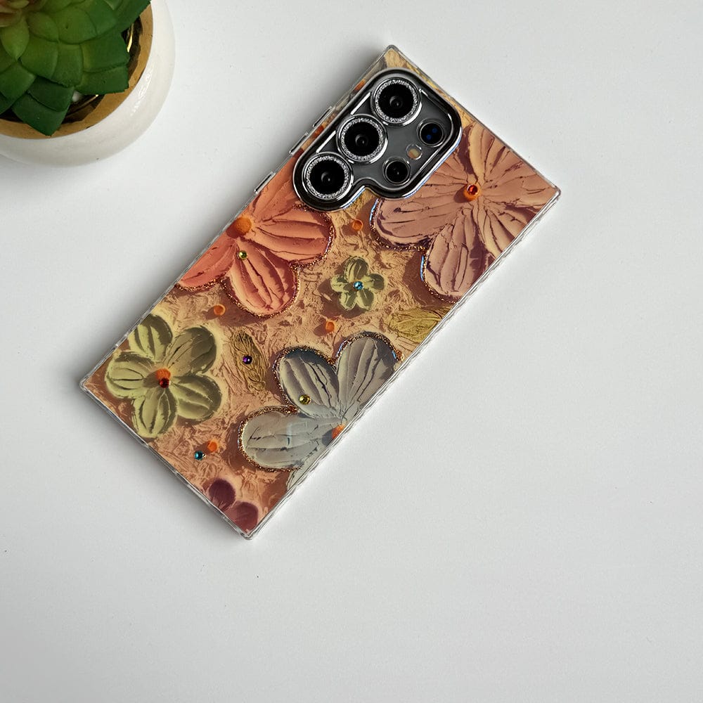 FRATO Samsung S24U Pink Samsung Galaxy S24 Ultra Luxury 3D Oil Painting Floral Design Glitter Lens Protection Cover
