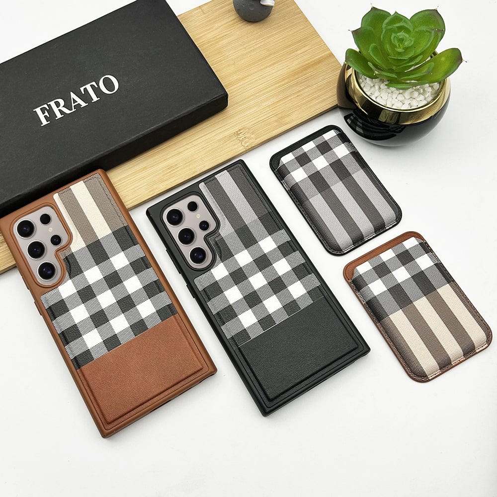 FRATO Samsung S24U Samsung Galaxy S24 Ultra Checks Leather Case With Detachable Magnetic Magsafe Card Holder Cover